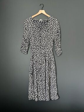 Vintage Starina Floral Midi Dress Black & White Button Front Cottagecore size Sm